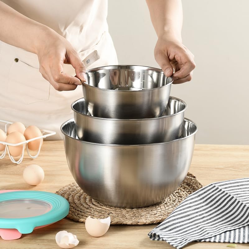 Dongs 3 Pieces Stainless Steel Mixing Bowl Set Mixing Bowl with Visible Lids & Measuring Marks Nesting Metal Bowl Set for Cooking Baking Preparing Storage 1.5L/ 3L/ 5L - Image 2