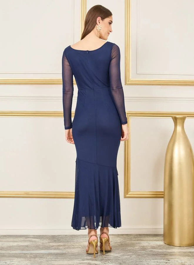 Styli Ruffle Detail Mesh Sleeves Mermaid Maxi Dress