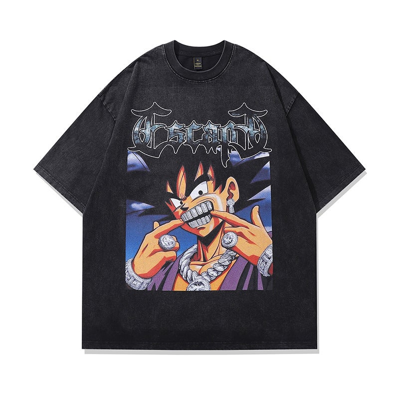 American Retro Hiphop Washed Old Short-Sleeved T-Shirt Men'S And Women'S Cartoon Printed Oversize Half-Sleeved Tee - Image 1