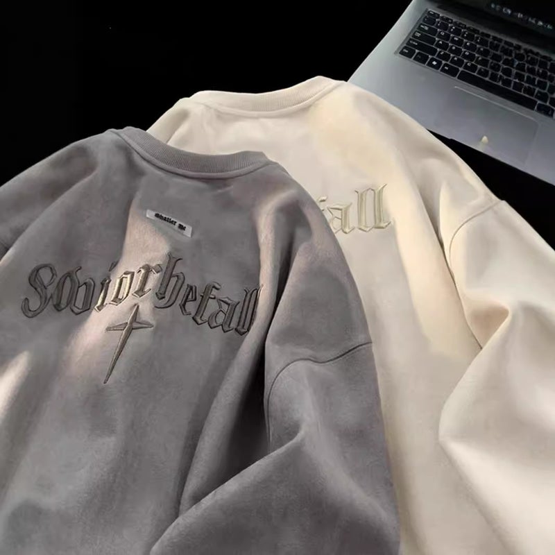 2024 Spring and Autumn Fashion Brand Sweatshirt Boys Suede Heavy-weight Letter Embroidered Top Round Neck High Street Vintage Jacket - Image 5
