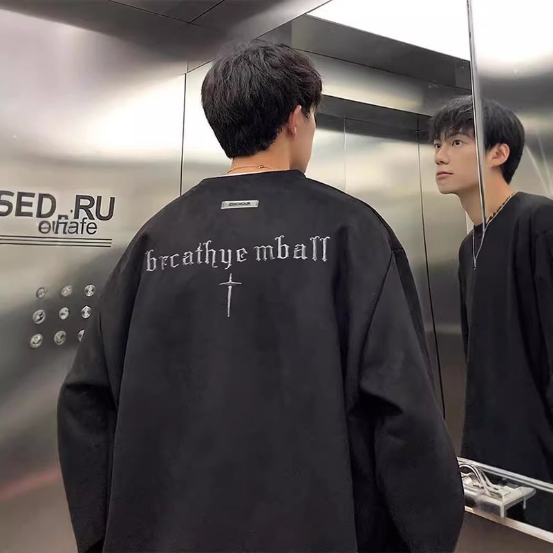 2024 Spring and Autumn Fashion Brand Sweatshirt Boys Suede Heavy-weight Letter Embroidered Top Round Neck High Street Vintage Jacket - Image 3