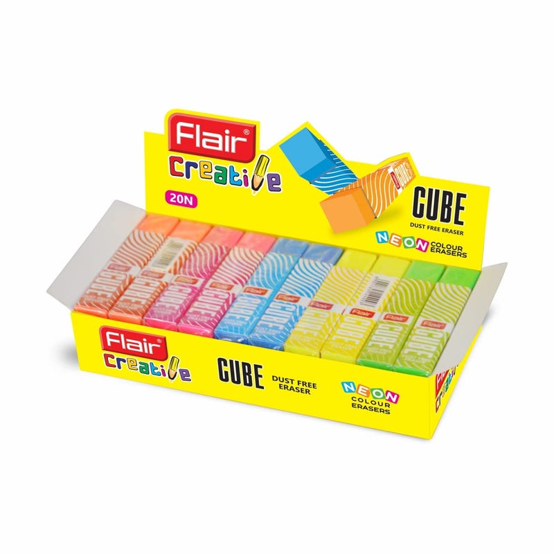 Flair Creative Series Cube Eraser Box Pack | Neat & Dust Free Erasing | Neon Color Erasers | Stationery Gift Item For Kids & Students | Safe For Children | 5 Different Body Colors | Pack of 20 Erasers - Image 1