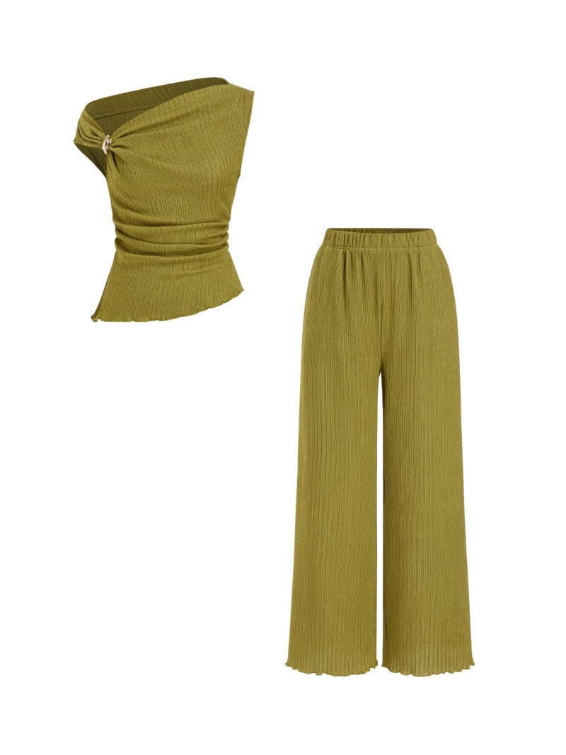 CIDER Womens Two Piece Outfits One Shoulder Sleeveless Tops with Metal Decor Wide Leg Pants Summer Casual Outfits - Image 1