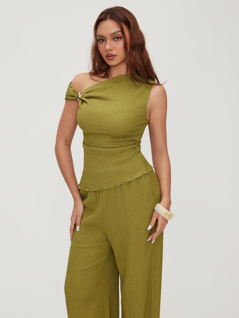 CIDER Womens Two Piece Outfits One Shoulder Sleeveless Tops with Metal Decor Wide Leg Pants Summer Casual Outfits - Image 4