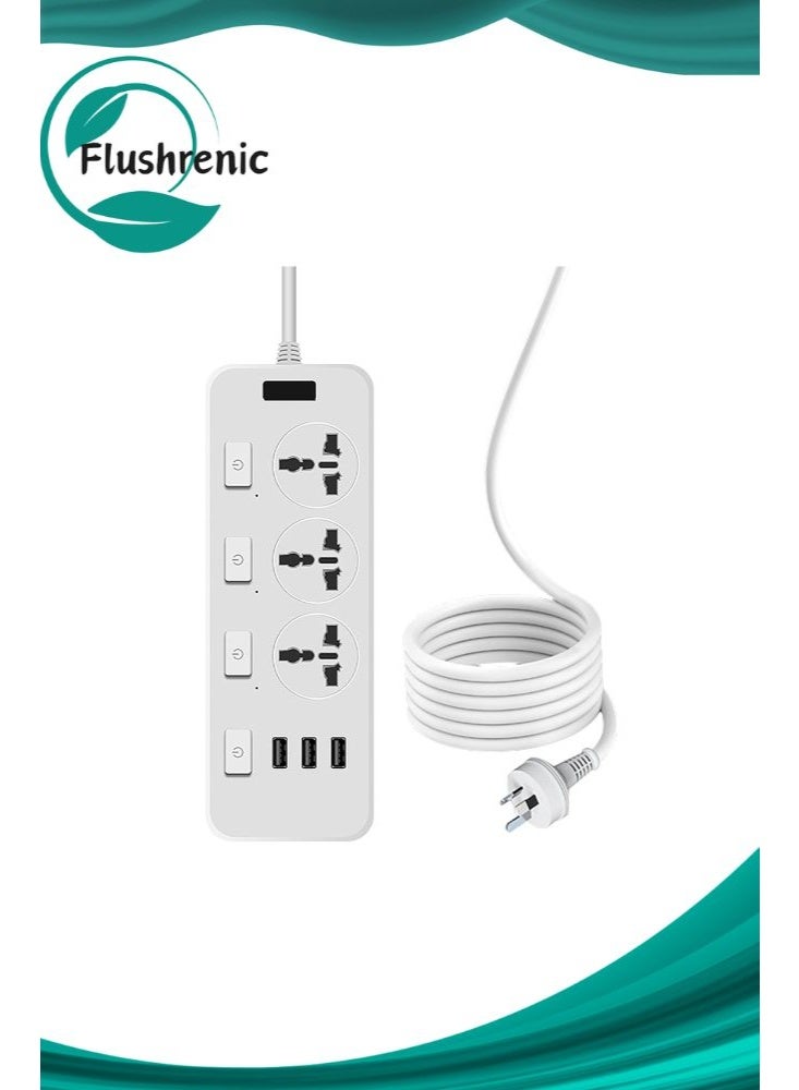 Power socket extension cable with 3 sockets and 3 USB charging ports, 6.56-foot extension cable, flat plug, 2500W, 5V 2.1A, compact power board desktop charging station, suitable for travel and home office, white