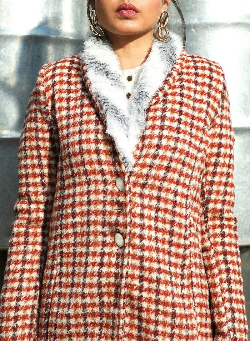 Campus Sutra Women's Chesnut Brown Houndstooth Long Coat With Faux Fur Neck For Casual Wear | Shawl Collar | Long Sleeve | Button Closure | Long Coat Crafted With Comfort Fit For Everyday Wear