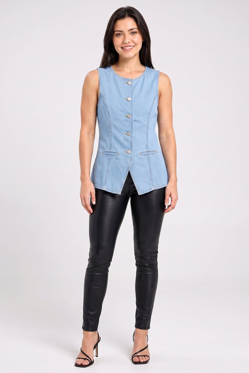 Threadbare Women Round Neck Sleeveless Denim Waistcoat, Light Blue - Image 2