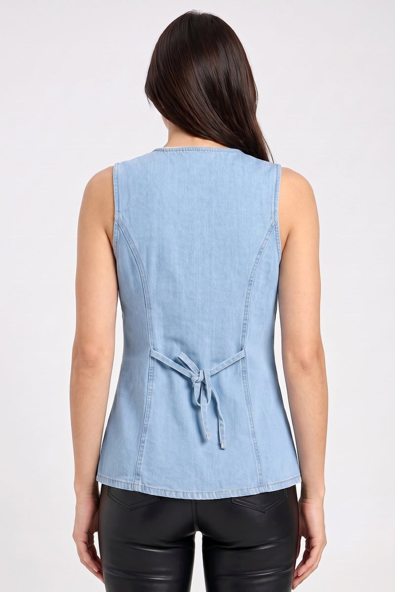 Threadbare Women Round Neck Sleeveless Denim Waistcoat, Light Blue - Image 4