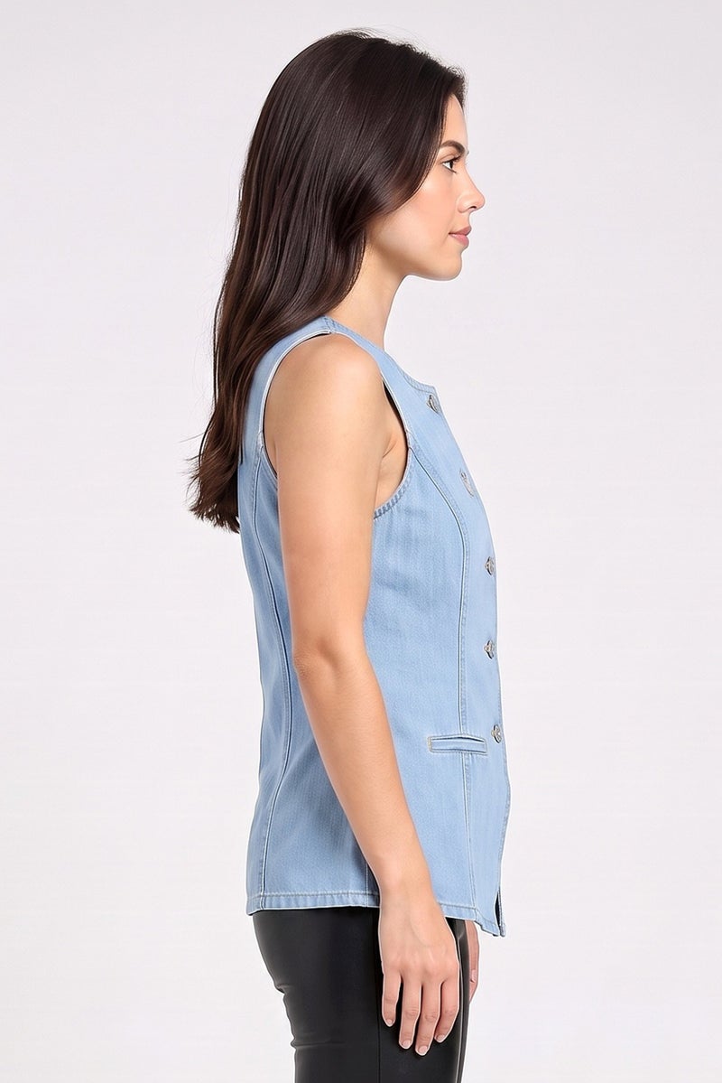 Threadbare Women Round Neck Sleeveless Denim Waistcoat, Light Blue - Image 3