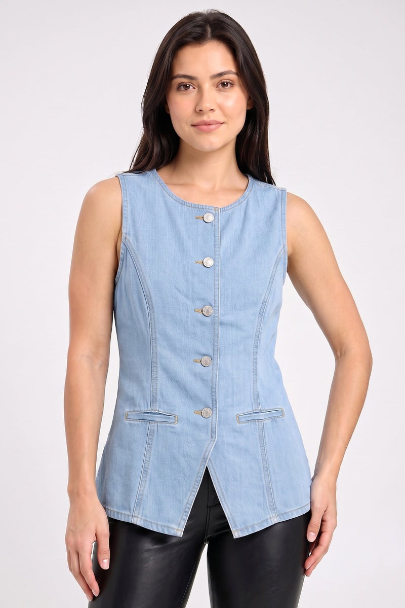 Threadbare Women Round Neck Sleeveless Denim Waistcoat, Light Blue - Image 1