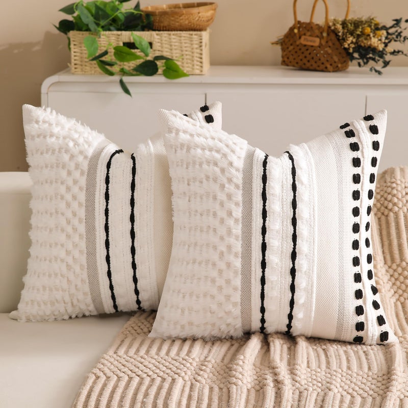 KOOLIFE Boho Chenille Tufted Couch Throw Pillow Covers 18x18 Inch Set of 2 Farmhouse Striped Decorative Pillow Covers Accent Neutral Pillowcase Black Cushion Cover for Living Room Sofa Bed - Image 1
