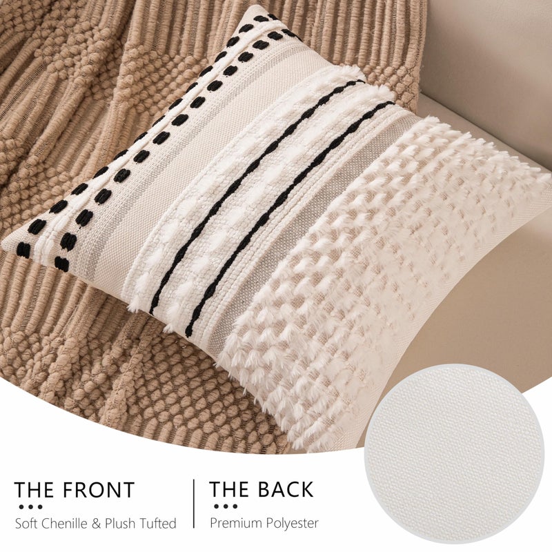 KOOLIFE Boho Chenille Tufted Couch Throw Pillow Covers 18x18 Inch Set of 2 Farmhouse Striped Decorative Pillow Covers Accent Neutral Pillowcase Black Cushion Cover for Living Room Sofa Bed - Image 4