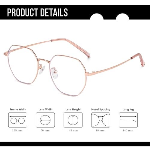Dervin Zero Power Computer Bluelight Blocking Glasses For Men and Women | Blue Cut Computer Glasses | Full Rim Hexagon Shape Glasses | Anti Glare, Lightweight & Blocks Harmful Rays (Rose Gold) - Image 5
