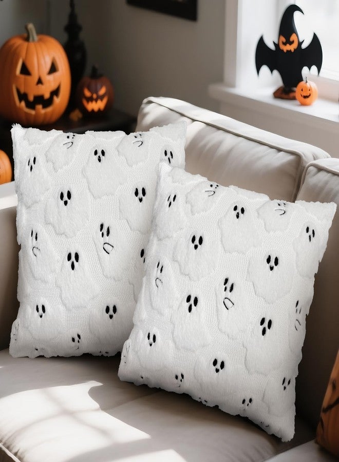 MEHOFOND Halloween Pillow Covers 18x18, Set of 2 White Ghost Decorations Throw Pillow Cases, Soft Plush Faux Fur, Halloween Fluffy Plush Pillow Cases Cushion Case for Sofa Bedroom Porch Home Decor - Image 2