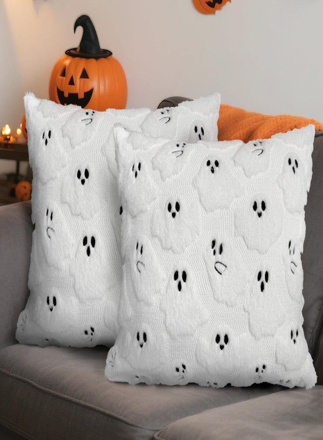 MEHOFOND Halloween Pillow Covers 18x18, Set of 2 White Ghost Decorations Throw Pillow Cases, Soft Plush Faux Fur, Halloween Fluffy Plush Pillow Cases Cushion Case for Sofa Bedroom Porch Home Decor - Image 1