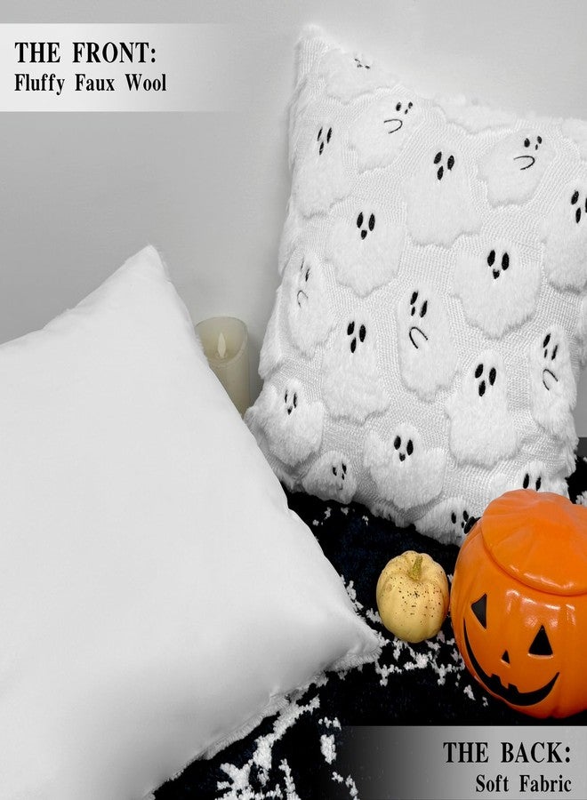 MEHOFOND Halloween Pillow Covers 18x18, Set of 2 White Ghost Decorations Throw Pillow Cases, Soft Plush Faux Fur, Halloween Fluffy Plush Pillow Cases Cushion Case for Sofa Bedroom Porch Home Decor - Image 5
