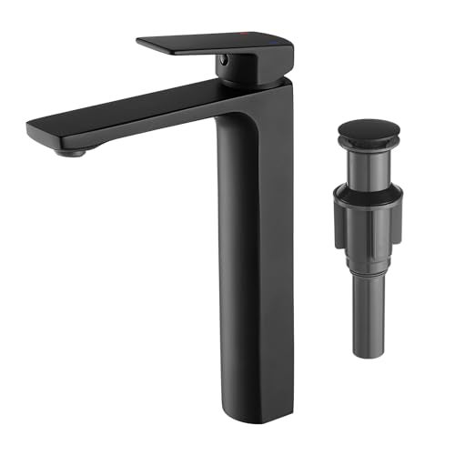 VOTON Vessel Sink Faucet Matte Black Tall Bathroom Faucet Single Handle Vanity Bathroom Sink Faucet 1 Hole Basin Mixer Tap with Water Supply Hose and Pop Up Sink Drain - Image 1