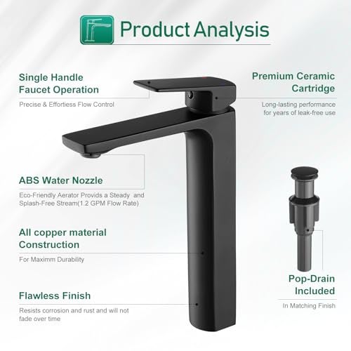 VOTON Vessel Sink Faucet Matte Black Tall Bathroom Faucet Single Handle Vanity Bathroom Sink Faucet 1 Hole Basin Mixer Tap with Water Supply Hose and Pop Up Sink Drain - Image 5