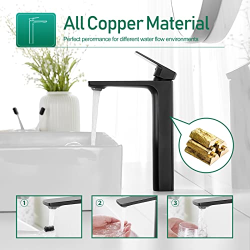 VOTON Vessel Sink Faucet Matte Black Tall Bathroom Faucet Single Handle Vanity Bathroom Sink Faucet 1 Hole Basin Mixer Tap with Water Supply Hose and Pop Up Sink Drain - Image 3