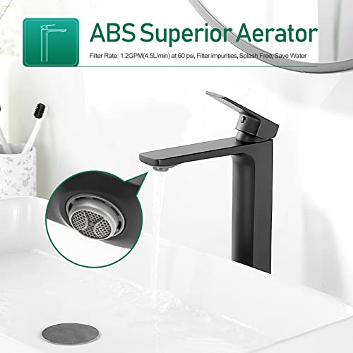 VOTON Vessel Sink Faucet Matte Black Tall Bathroom Faucet Single Handle Vanity Bathroom Sink Faucet 1 Hole Basin Mixer Tap with Water Supply Hose and Pop Up Sink Drain - Image 2