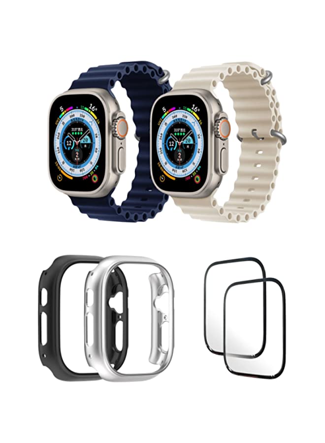 IAF Silicone Ocean Band Strap for Apple Watch Ultra 8 49mm Dark Blue/Pearl White , Case Compatible with Apple Watch Ultra 49mm Black/Silver , 2* pcs Watch glass Set of 6