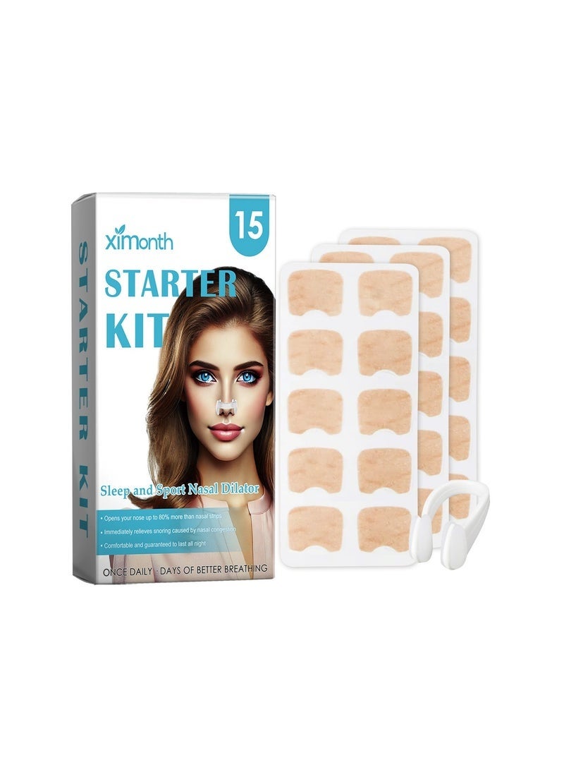 ximonth 15 Count Intake Breathing Nasal, Strip Starter Kit, Boost Oxygen Intake, Reduce Snoring, Improve Sleep Quality, Sweat Resistant, Skin Safe Nasal Strips, Extra Strength Snoring Solution - Image 1