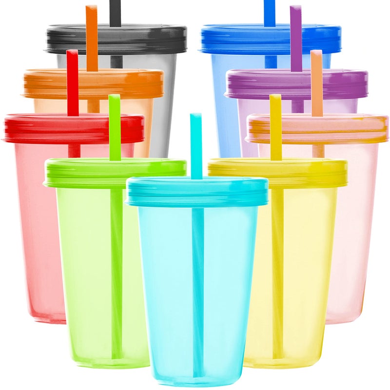 Youngever 9 Sets 16 Ounce Plastic Cups with Lids and Straws Reusable Plastic Cups with Straws Rainbow Colors