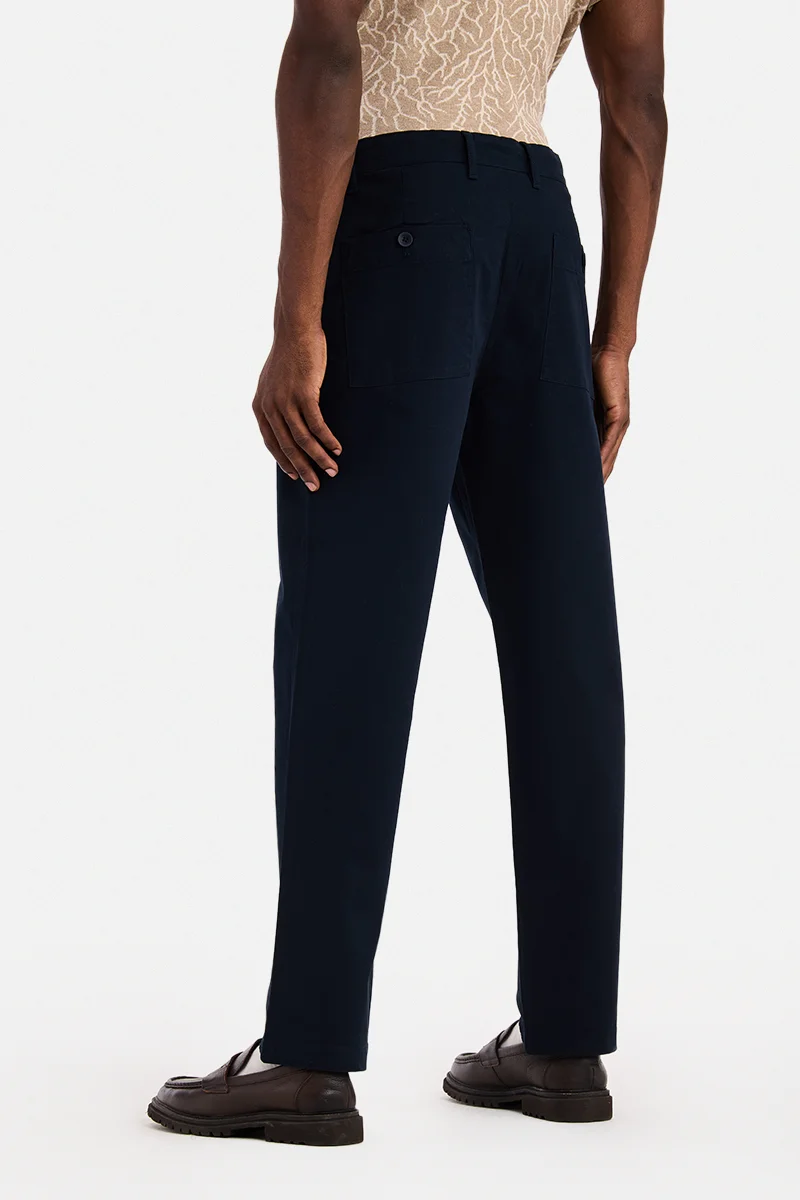 Snitch Navy Blue Navy Blue Solid Regular Fit Casual Trousers for Men | Best Price UAE