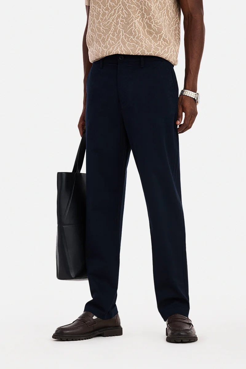 SNITCH Navy Blue Solid Regular Fit Casual Trousers
