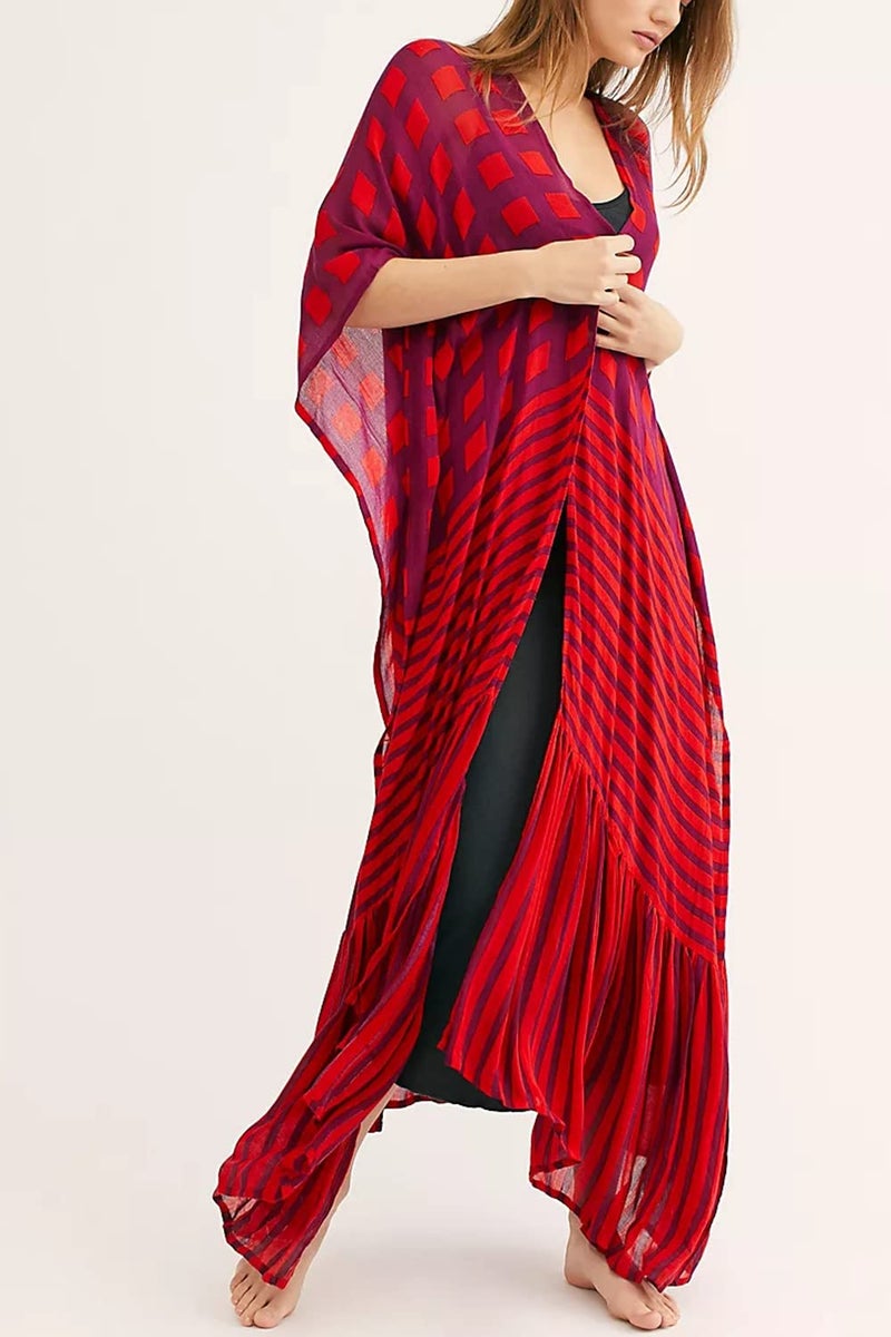 YouKD Women's Boho Long Cardigan Dress Large Size Kimono Beach Swimsuit Cover Up Dresses A Red - Image 4