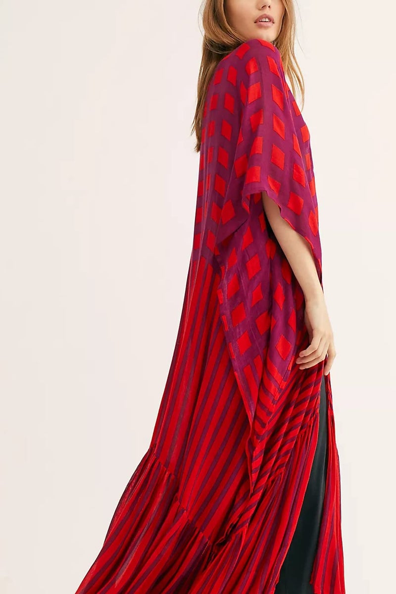 YouKD Women's Boho Long Cardigan Dress Large Size Kimono Beach Swimsuit Cover Up Dresses A Red - Image 2