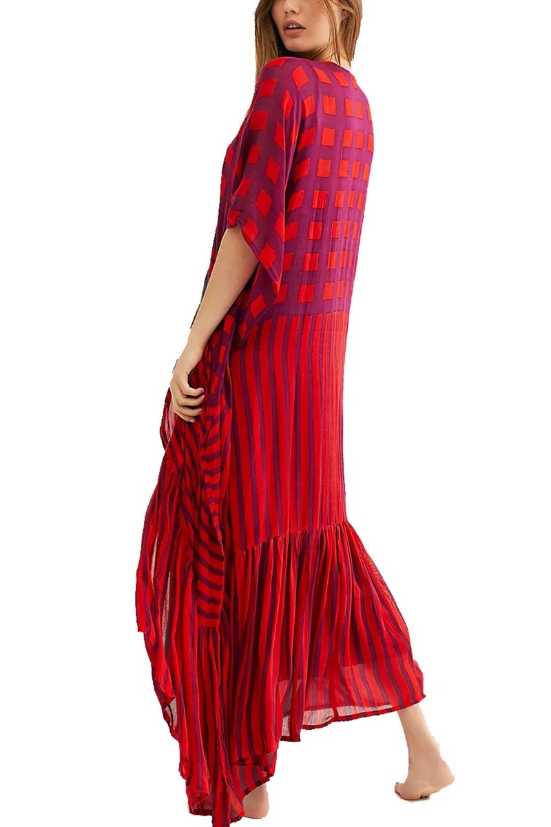 YouKD Women's Boho Long Cardigan Dress Large Size Kimono Beach Swimsuit Cover Up Dresses A Red - Image 1