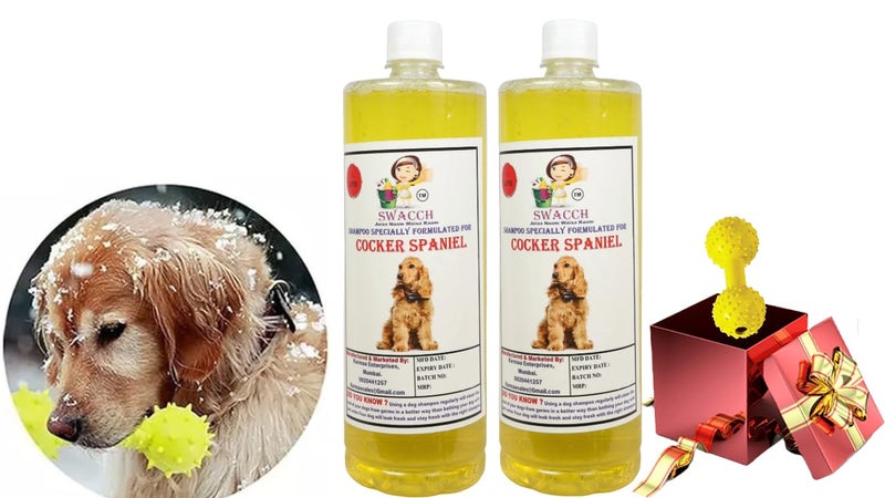 swacch Cocker Spaniel Dog Shampoo + Dumbbell Toy I Durable Rubber Dog Toy for Chewing I Playing,Teeth Cleaning & Training Toy I Combo Pack I 1 Litre Pack of 2 Lemon - Image 1