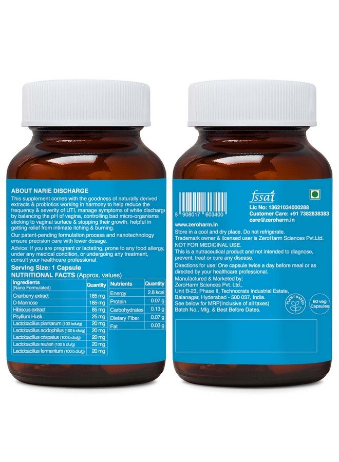ZEROHARM Narie Discharge Capsules|For Healthy White Discharge|Prevents Uti&Yeast Infection|Reduces Itching,Burning,Odour|Balances Ph|Cranberry,Hibiscus Extract,D-Mannose|Probiotics,Pack of 1 - Image 2