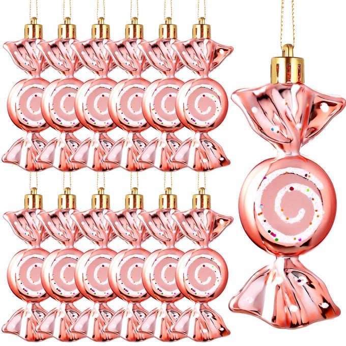 12 PIECES CHRISTMAS CANDY ORNAMENTS HANGING GLITTER CANDY CANE DECORATION CHRISTMAS TREE PEPPERMINT ORNAMENTS WITH GOLDEN ROPES FOR XMAS HALLOWEEN PARTY DECORATIONSROSE GOLD