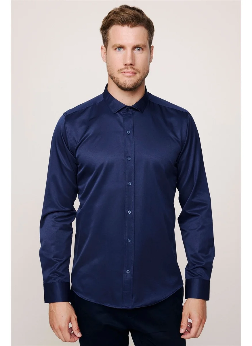 Tudors Modern Slim Fit Plain Satin Cotton Men's Navy Blue Shirt