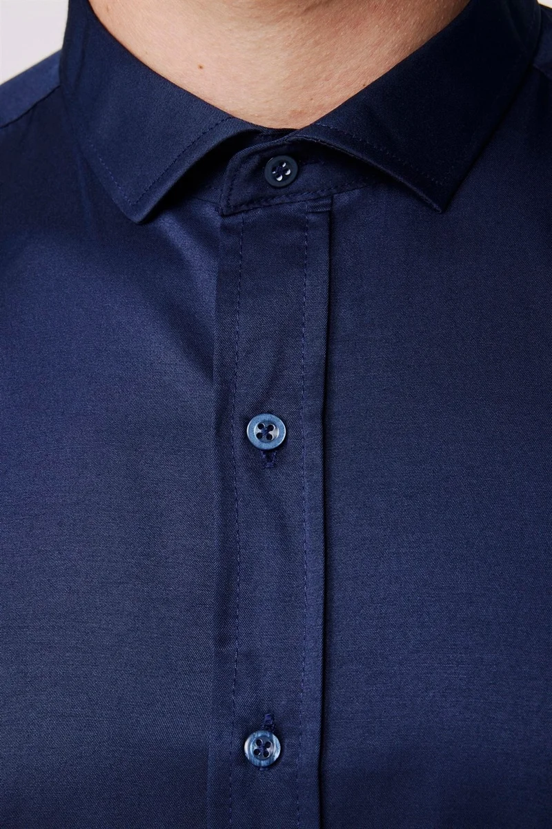 تودورس Modern Slim Fit Plain Satin Cotton Men's Navy Blue Shirt