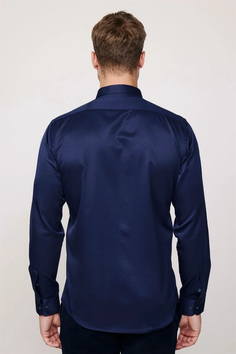 تودورس Modern Slim Fit Plain Satin Cotton Men's Navy Blue Shirt