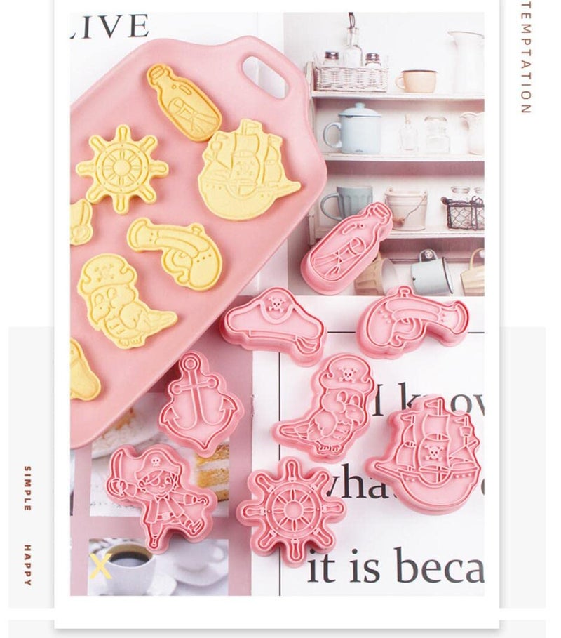 MayeBridge 8 Pieces Cute Pirate Cookie Cutters Cartoon Cookie Mould Pirate Ship Cookie Stamps Set Kitchen Tools Plastic Cookie Press (Pirate) - Image 2