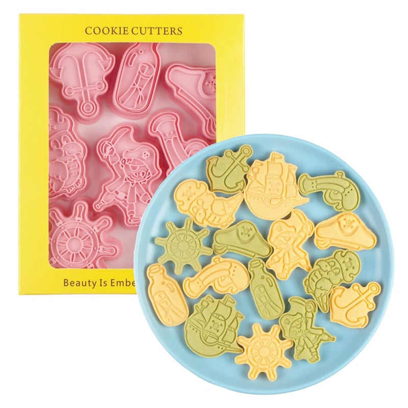 MayeBridge 8 Pieces Cute Pirate Cookie Cutters Cartoon Cookie Mould Pirate Ship Cookie Stamps Set Kitchen Tools Plastic Cookie Press (Pirate) - Image 1