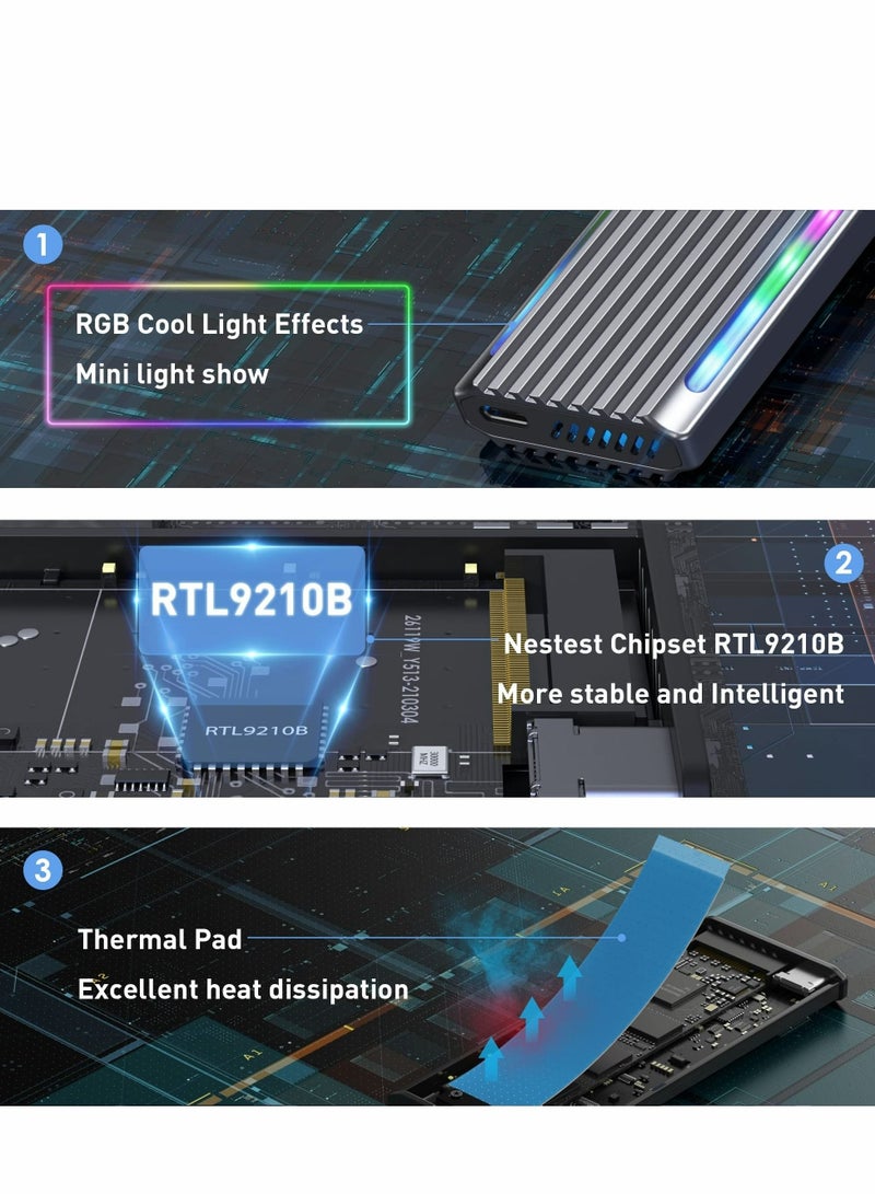 Captaintech M.2 NVMe SSD Enclosure Adapter Tool-Free, USB C 3.1 Gen 2 10Gbps, 6Gbps SATA PCIe M-Key(B+M Key), RGB Aluminum Case Support UASP Trim for SSD Size 2242/2260/2280 - Image 5