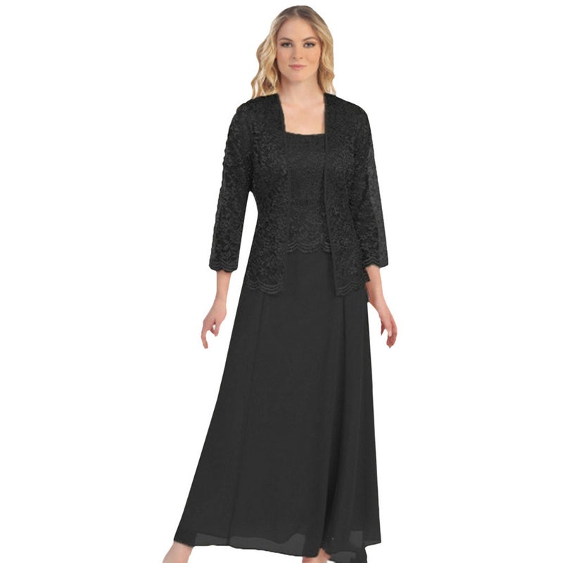 2023 New Womens Lace Cardigan Set Elegant Chiffon Dress Black - Image 1