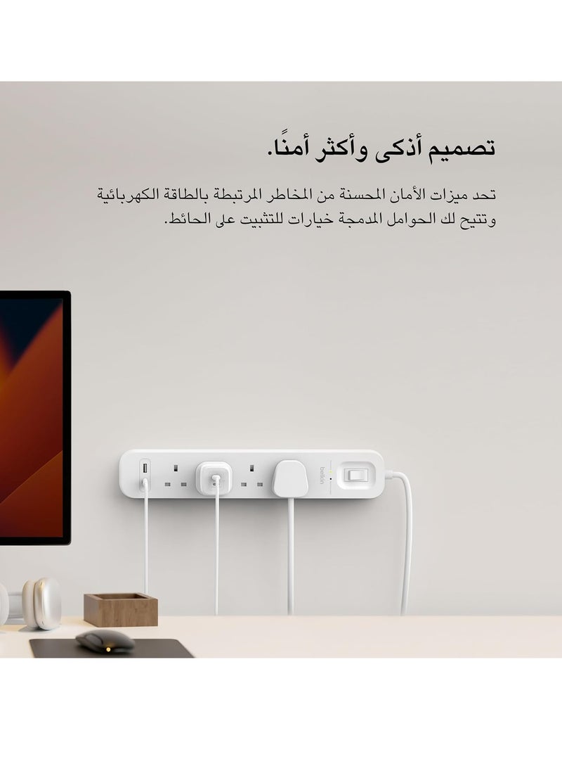 belkin - Belkin 4-Outlet Surge Protector Power Strip, Wall-Mountable with 4 AC Outlets, 2M Power Cord, & Green Indicator Light - USB-C Port & USB-A Port w/USB-C PD Fast Charging - 525 Joules of Protection - Image 1
