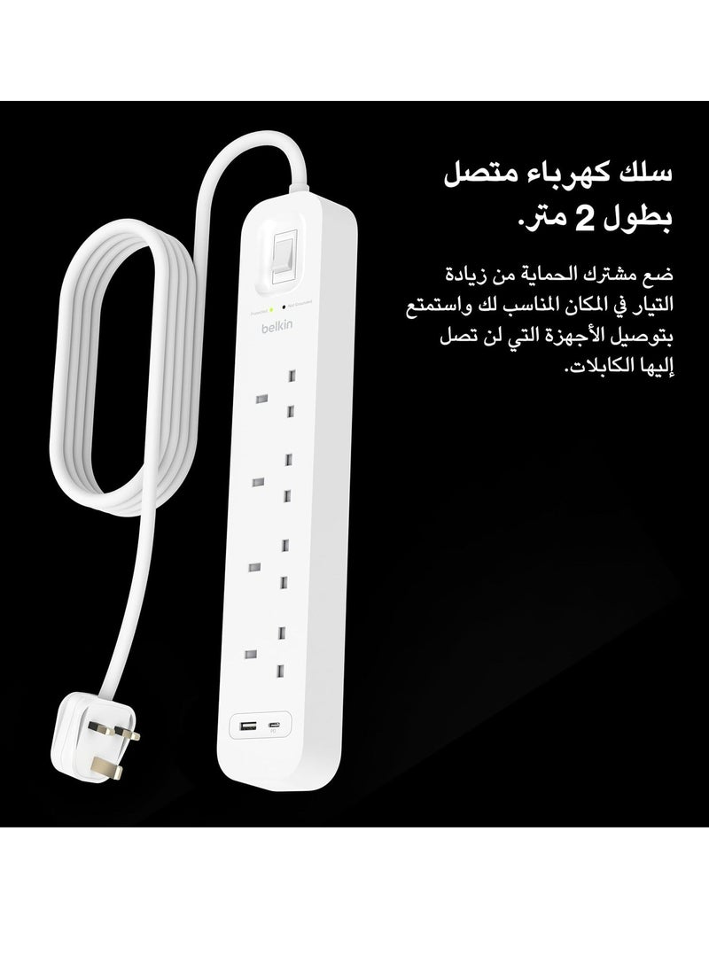 belkin - Belkin 4-Outlet Surge Protector Power Strip, Wall-Mountable with 4 AC Outlets, 2M Power Cord, & Green Indicator Light - USB-C Port & USB-A Port w/USB-C PD Fast Charging - 525 Joules of Protection - Image 1