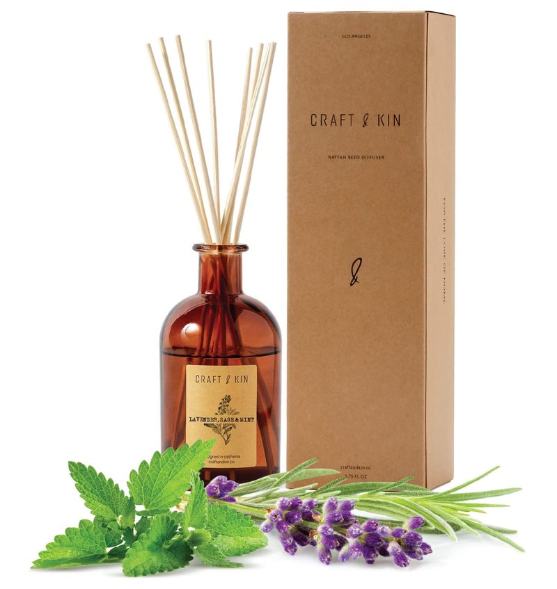 Craft & Kin Craft  Kin Sage Mint  Lavender Reed Diffuser  All Natural Essential Oil  8 Rattan Scent Sticks  Reed Diffusers for Home Bathroom  Long Lasting Home Fragrance in Amber Glass 575oz 