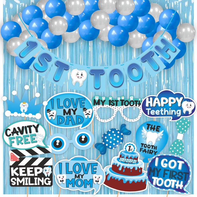 WOBBOX First Tooth Blue 13 Pcs Party Props with 1st Tooth Bunting Banner, Blue Colour Gredient with Stylish Font & Balloons & Foil Curtain, First Tooth Decoration - Image 1