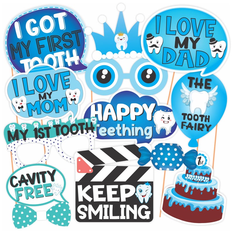 WOBBOX First Tooth Blue 13 Pcs Party Props with 1st Tooth Bunting Banner, Blue Colour Gredient with Stylish Font & Balloons & Foil Curtain, First Tooth Decoration - Image 4