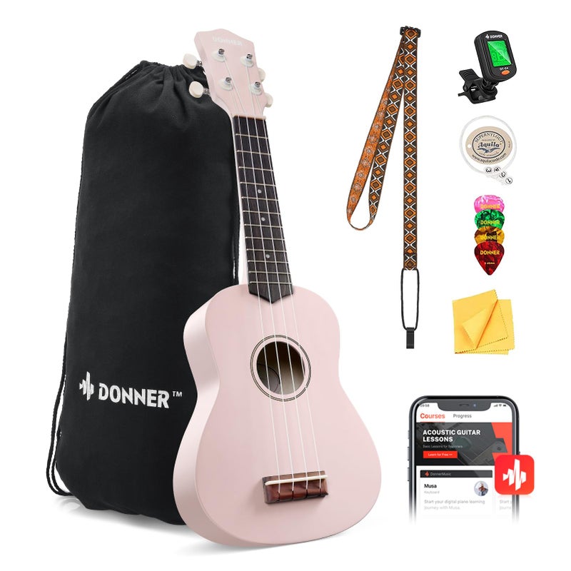 Donner Soprano Ukulele for Beginner 21 Inch Matte Ukulele Beginner Kit with Bag Strap Tuner Strings Picks Cloth Free Online Lessons Kids Holiday Christmas Birthday Gift Light Pink