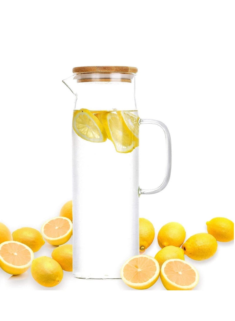 Glass Pitcher with Bamboo Lid and Spout High Heat Resistance Borosilicate Glass Stovetop Safe Bottle Kettle Heat Resistant Carafe for Iced Tea Cold Brew Juice Lemonade (1L) - Image 1