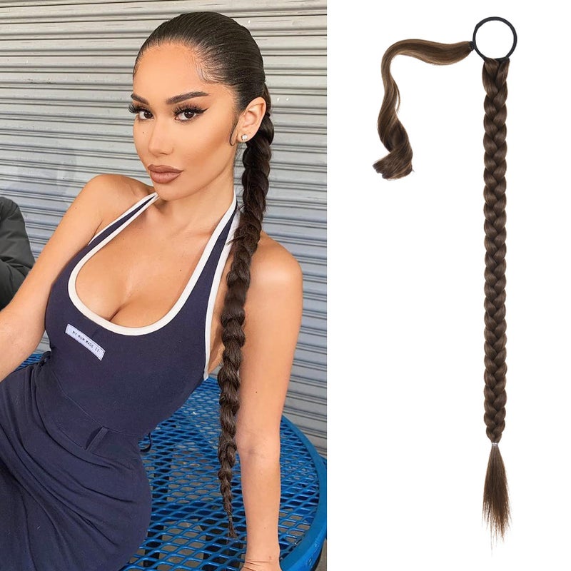 SEIKEA Upgraded Long Braid Ponytail Extension with Elastic Tie Straight Sleek Wrap Around Braid Hair Extensions Ponytail Chestnut Brown 34 Inch After Braided 30 Inch
